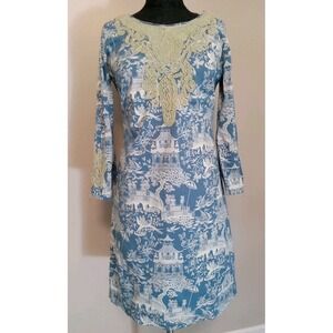 Almatrichi Madrid Spain Pattern Blue Gold Embroidered‎ Print  Dress Size 44 (12)